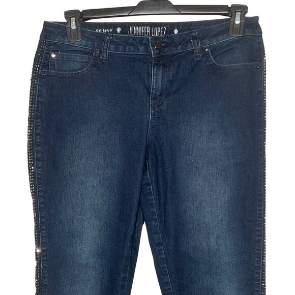 Jennifer Lopez Womens Skinny Jeans W/ Rhinestone Side Detail Size 12 Dark Wash - Picture 1 of 16